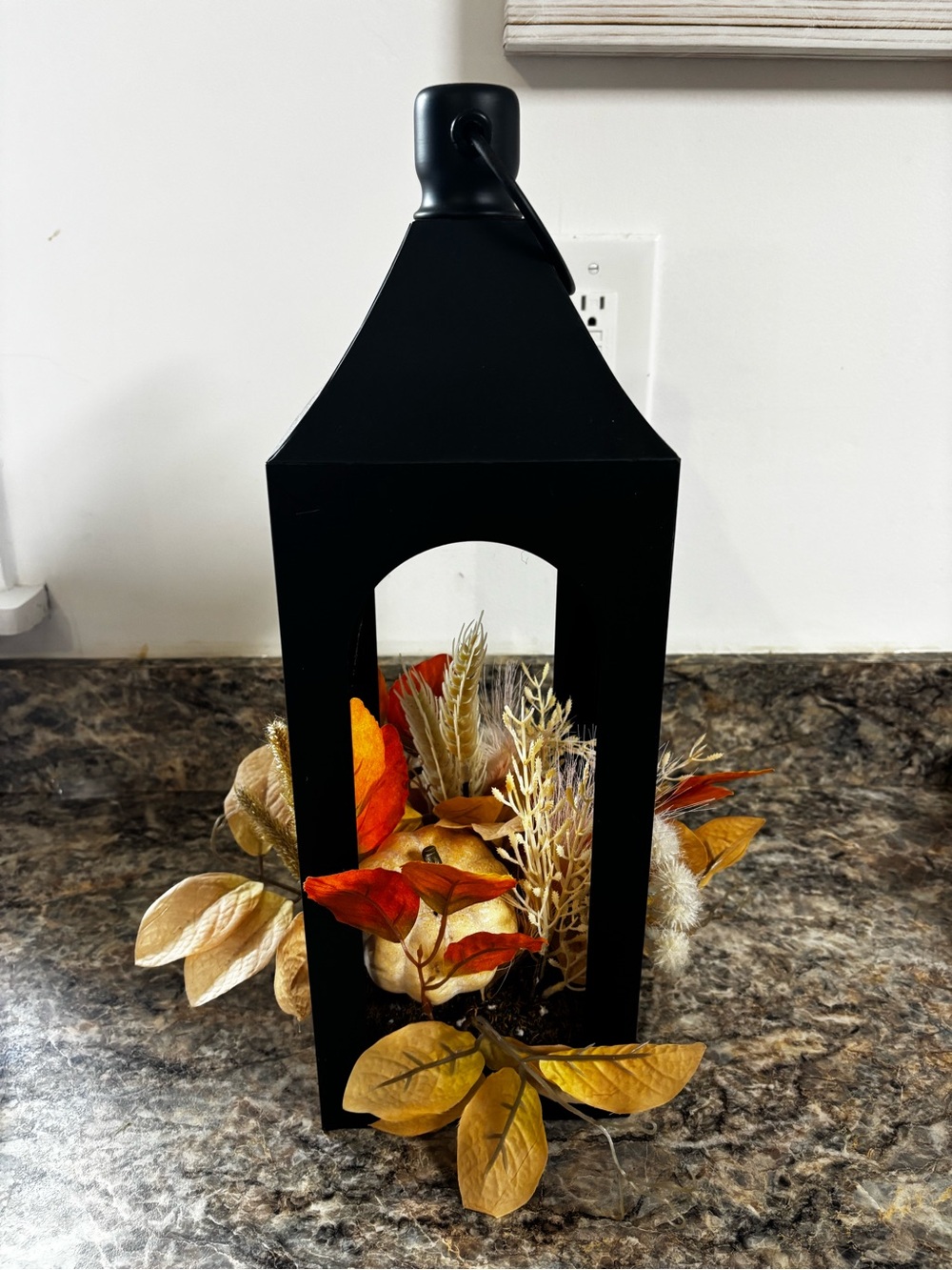 Black Metal Lantern with Autumn Foliage Accent